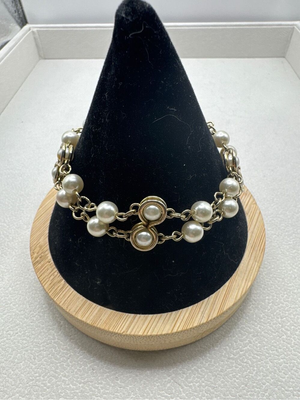 Vtg Goldette NY Double Strand Faux Pearl Link Bracelet Signed Gold-tone Sz 6.5